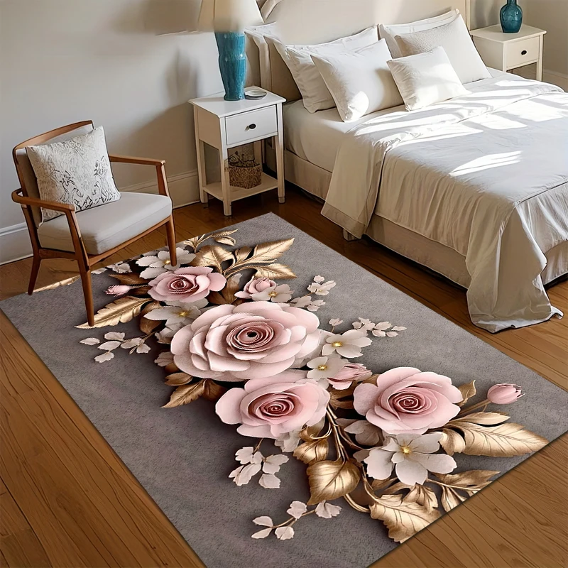 Elegant Blush Pink Roses Area Rug Luxurious Gold Foil Leaf Design Non Slip Washable Floor Carpet for Living Room Entryway