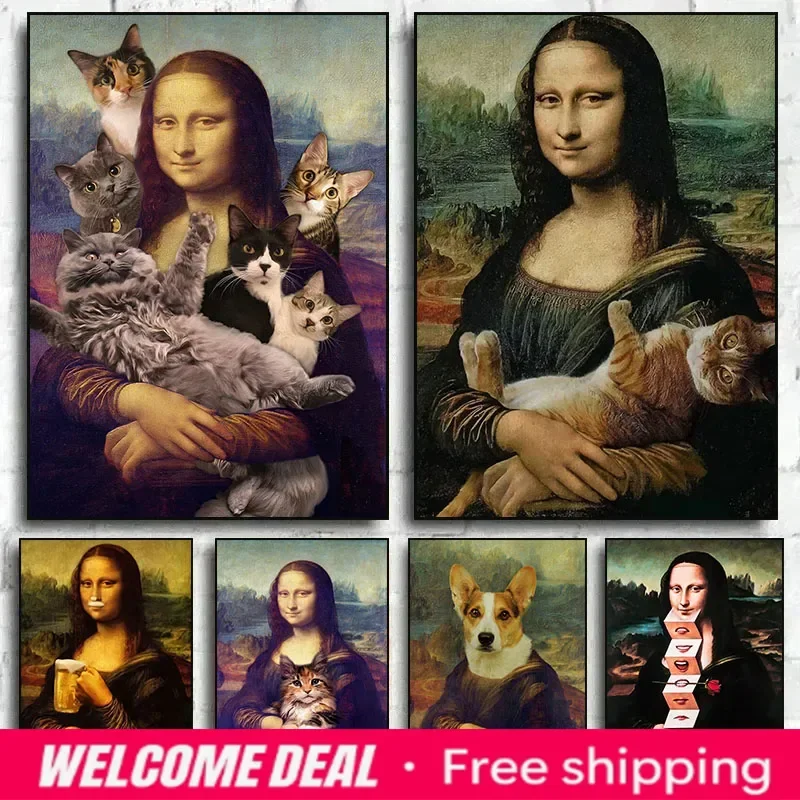 2026 Mona Lisa Lustige Wandbilder Leinwanddruck Poster Berühmtes Porträt Mona Lisa mit Katzen Leinwandgemälde für Zuhause