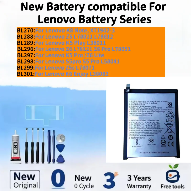 New Battery compatible For Lenovo K8 Note / Z5 / K5 Play / Z6 Z6 Pro/ K5 Pro /Z6 Lite/S5 Pro/Z5S/K6 Enjoy Batteries+ Free Tools