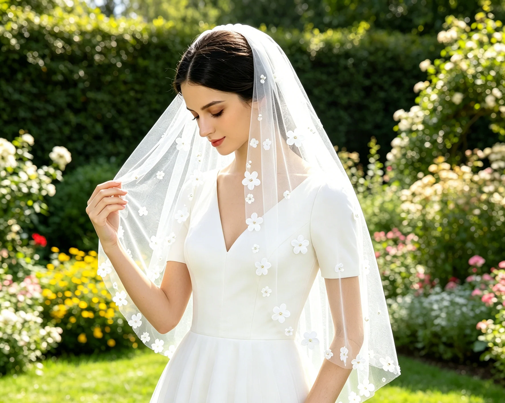 Sweet Lovely Elbow length Veil with 3D Vision Flower Applique Middle Pearl Beaded for Modern Wedding Ceremony  Accessory G80
