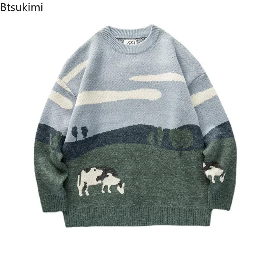 Nuevo 2024 Otoño Invierno hombres vacas Vintage suéteres pulóver hombres cuello redondo moda coreana suéter Casual Harajuku ropa de punto