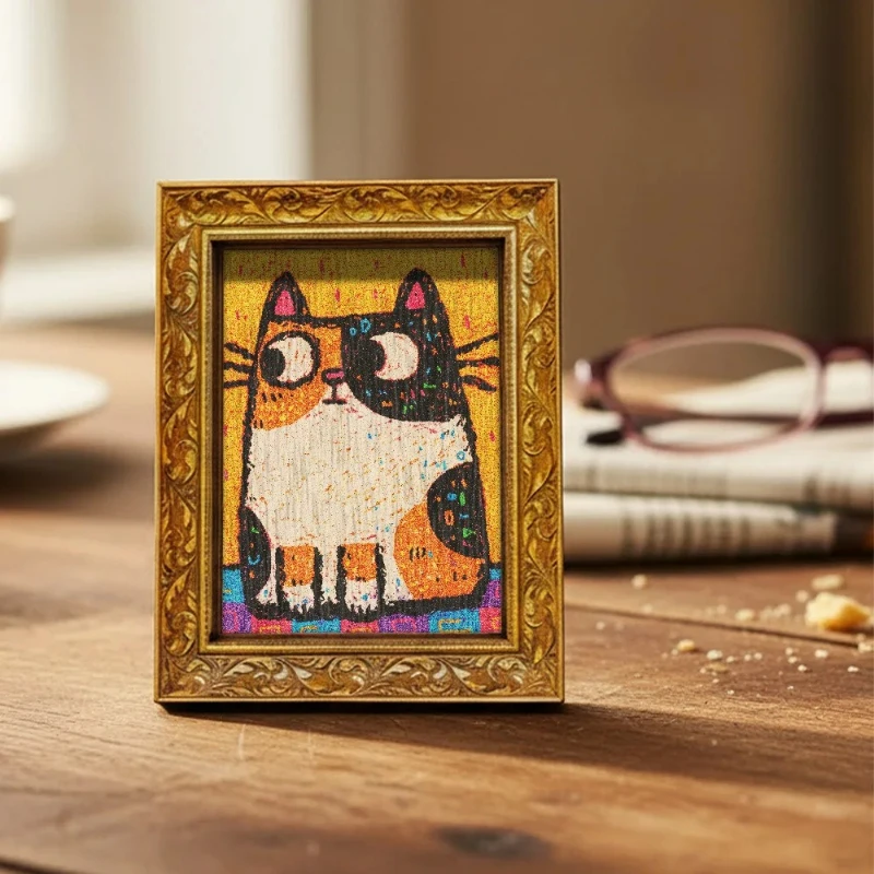 Creative Graffiti Fridge Magnet Painted Calico Cat Small Wooden‑Textured Frame Refrigerator Magnetic Decor