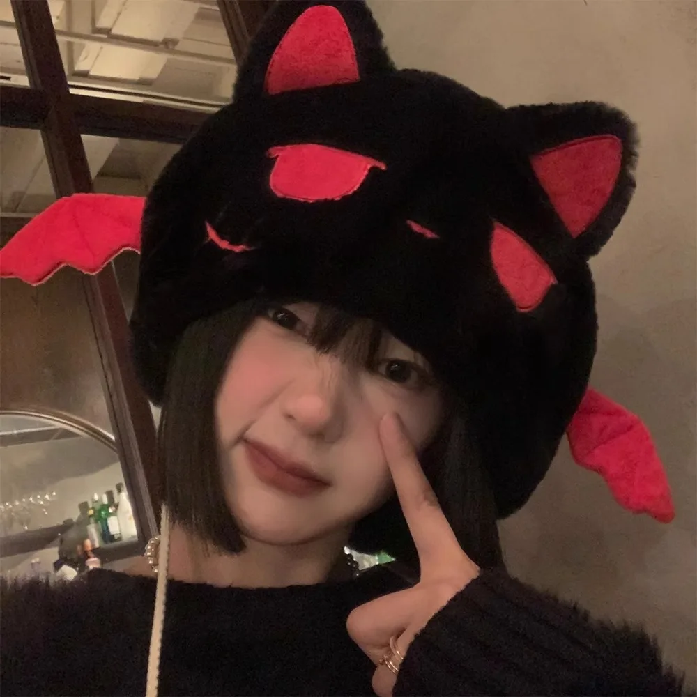 Little Devil Cat Ears Plush Hat Women's Autumn and Winter New niche Funny Cute Lei Feng Hat Warm Bald Hat