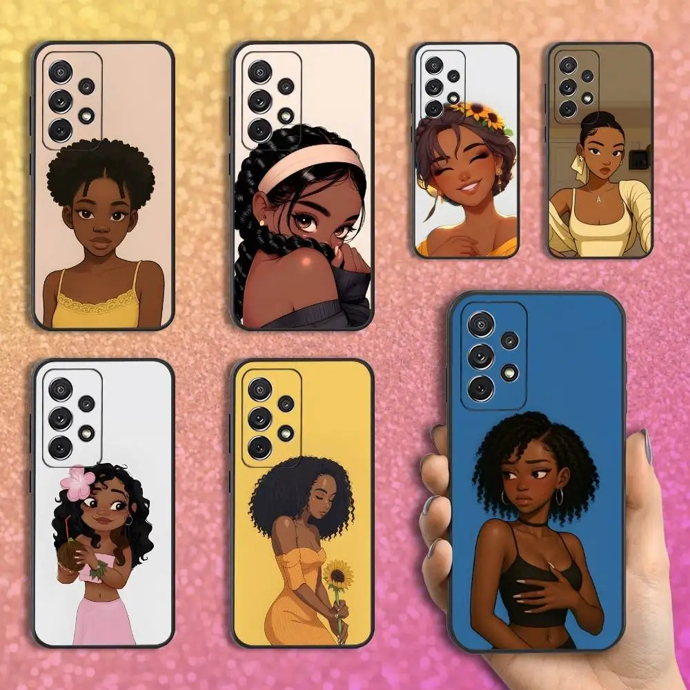 

Cartoon Afro Black Girls Phone Case For Samsung S25,S24,S23,S22,S21,S20,S10,Ultra,Plus,Lite,FE,Soft Silicone Black Cover