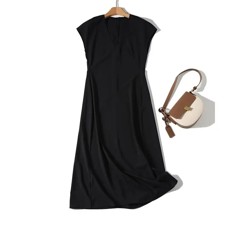 

Jenny&Dave French Black V-neck Dress Minimalist Elegant Commuting Casual Ladies Midi Dress Women Evening Dresses Vestidos
