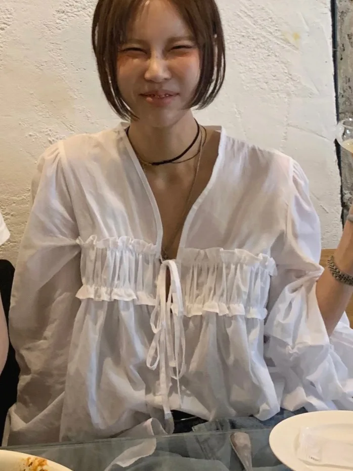 

Sweet Wooden Long Sve irt Women's Loose Design Sense Small Size Top Korean Sle Cotton Thin Non-deformable