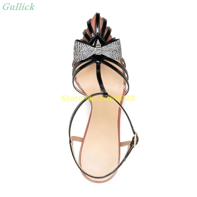 Black Close Toe Leather Strappy Sandals With Ankle Strap Rhinestone Bow Stiletto Heel T Strap Ankle Buckle Strap Thin Heel Shoes