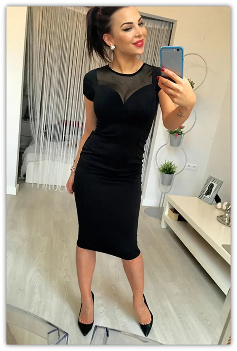 2024 donne Mesh Splicing abiti a maniche corte Sexy Night Club Bodycon Zipper Dress Summer Midi Pencil Dress Vestidos De Mujer