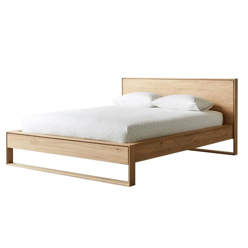 Nordic all solid wood oak double bed suspended shelf bed wabi sandy wind log simple light luxury