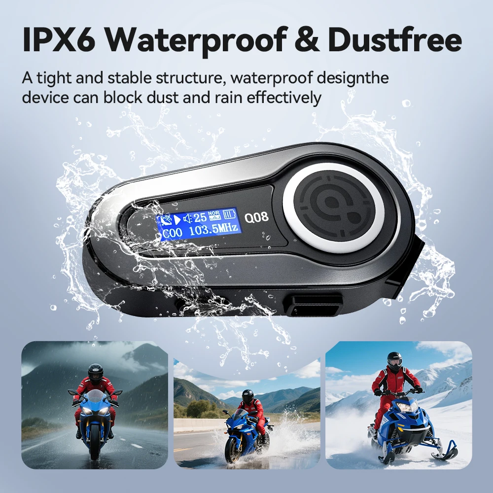 NOYAFA Q08 auriculares para casco de motocicleta efecto de sonido EQ pantalla LCD HD IPX6 impermeable estéreo Radio FM auriculares Bluetooth