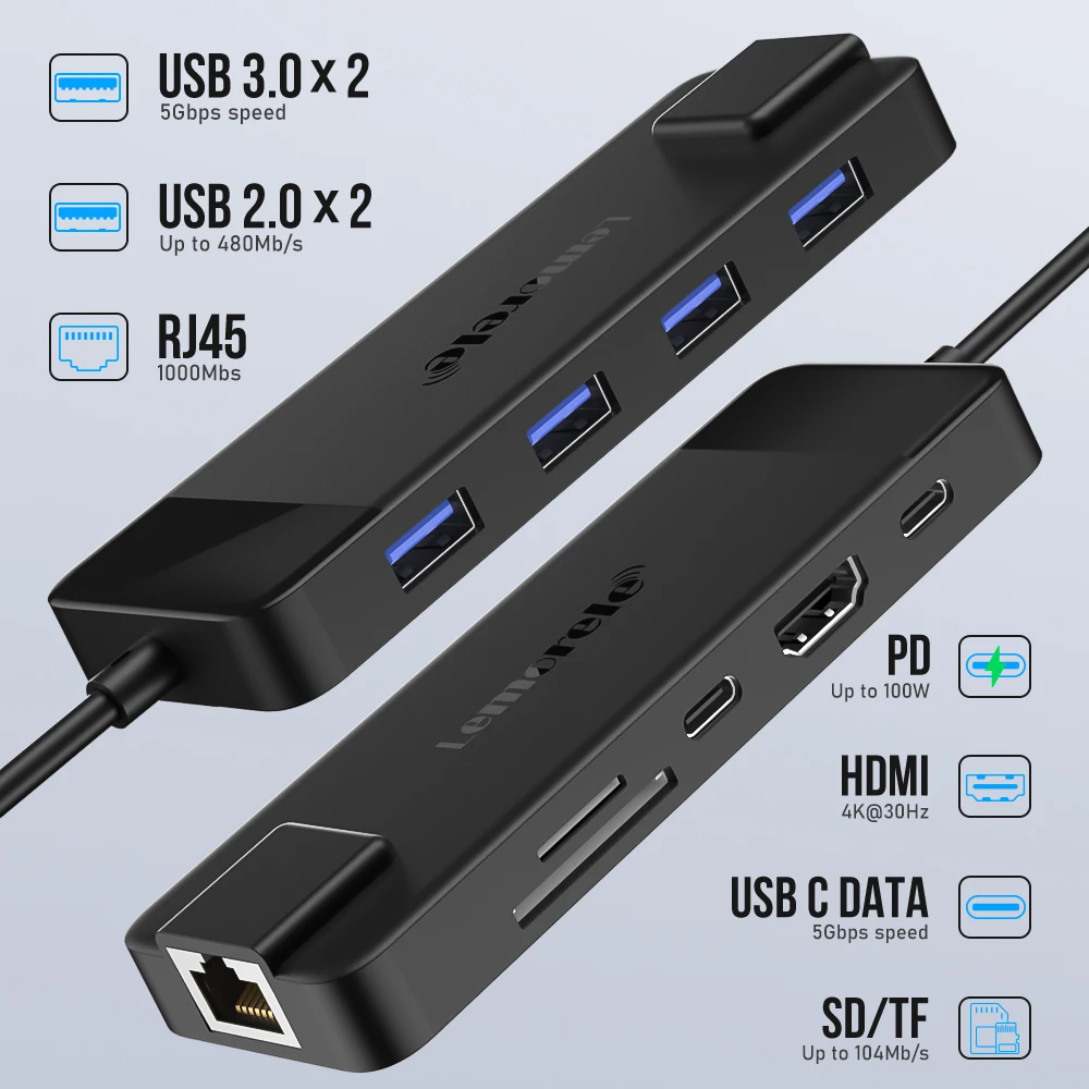 Lemorele TC93 USB C 3.0 Hub Type-C إلى 4K HDMI USB Hub 3.0 محول RJ45 PD 100 واط محطة إرساء لأجهزة الكمبيوتر المحمول ويندوز MacOS لينوفو