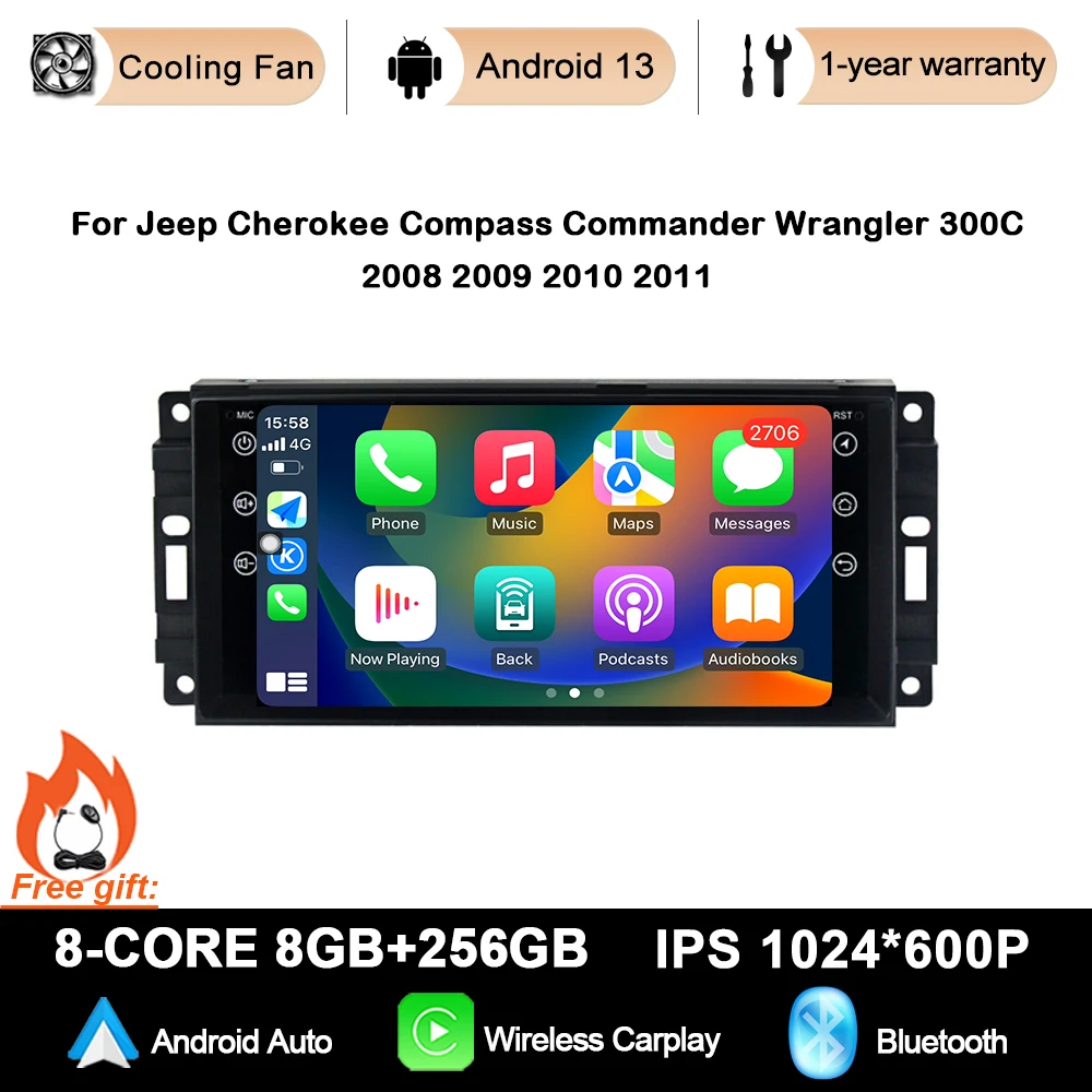 For Jeep Cherokee Compass Commander Wrangler 300C 2008 2009 2010 2011 Android 13 Car  Radio Stereo 4G+WIFI Wireless Carplay 7\