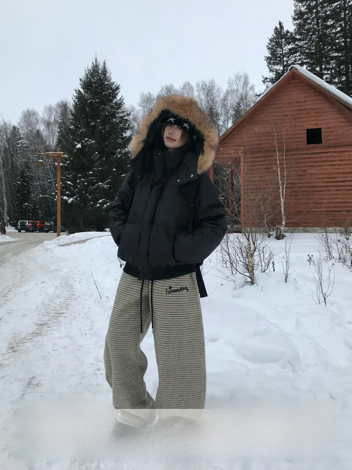 Ja1 Winter Thickened Warmth Fleece Casual Pants Natural Waist Asymmetrical Stripes Velvet Knife-Shape Couple Matching