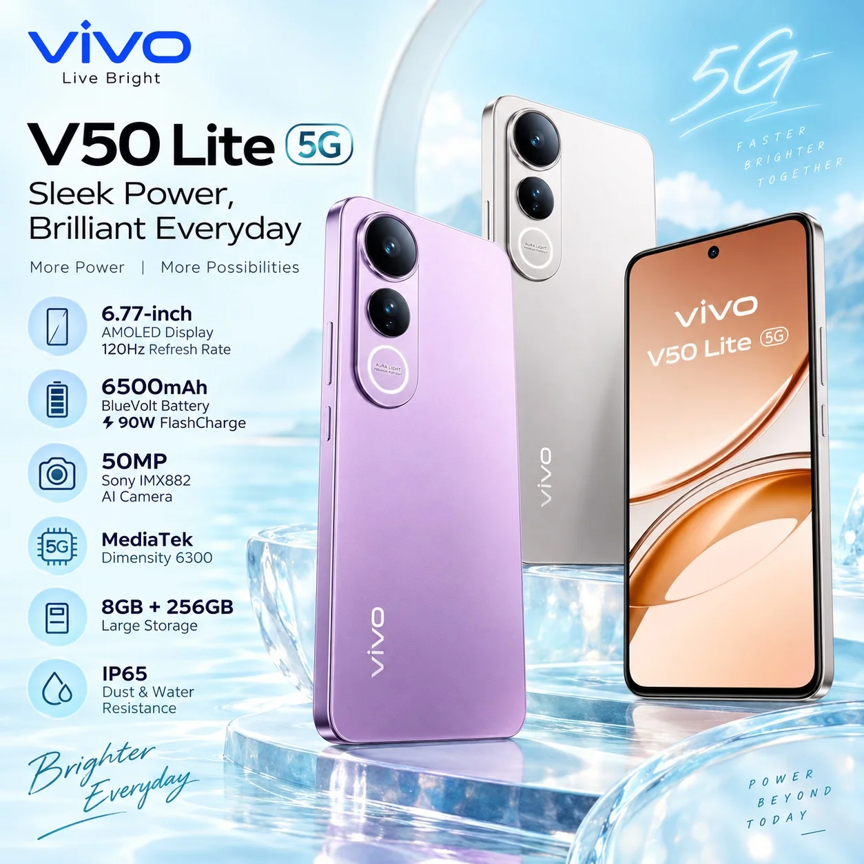 VIVO V50 Lite 5G: 8GB+256GB, Dimensity 6300, 120Hz AMOLED, 50MP Sony camera, 6500mAh battery, 90W charging and IP65 protection.