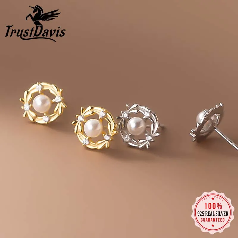 Trustdavis Real 925 Silver Fashion Pearl Zircon Stud Earrings for Women Daily Wear Jewelry Gift DS4560