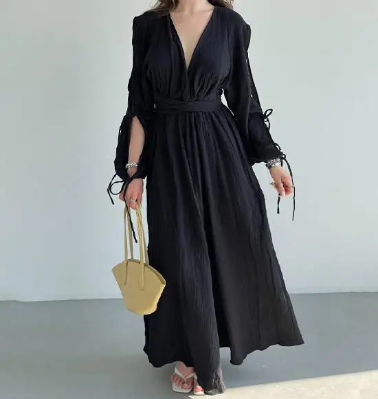

Long Split Sleeve V-Neck Multi Strap Casual Dress, Solid Color, Autumn, New, 2025