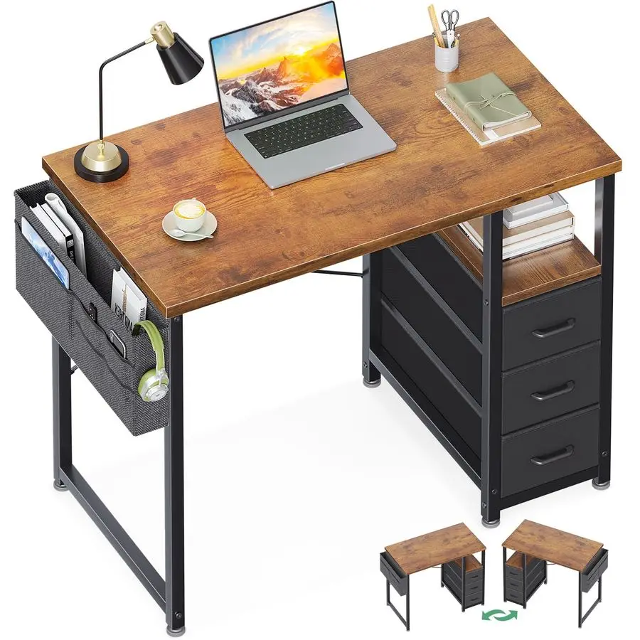 

32 Small Computer Desk with Fabric Drawers, Kids Girls Teen Study Writing Desk for Bedroom, Home Office Desk with Storage Shelf
