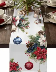 Christmas Ball Poinsettia Flowers Berry Linen Table Runner Party Decor Winter Xmas Snowflake Table Runners Christmas Decorations