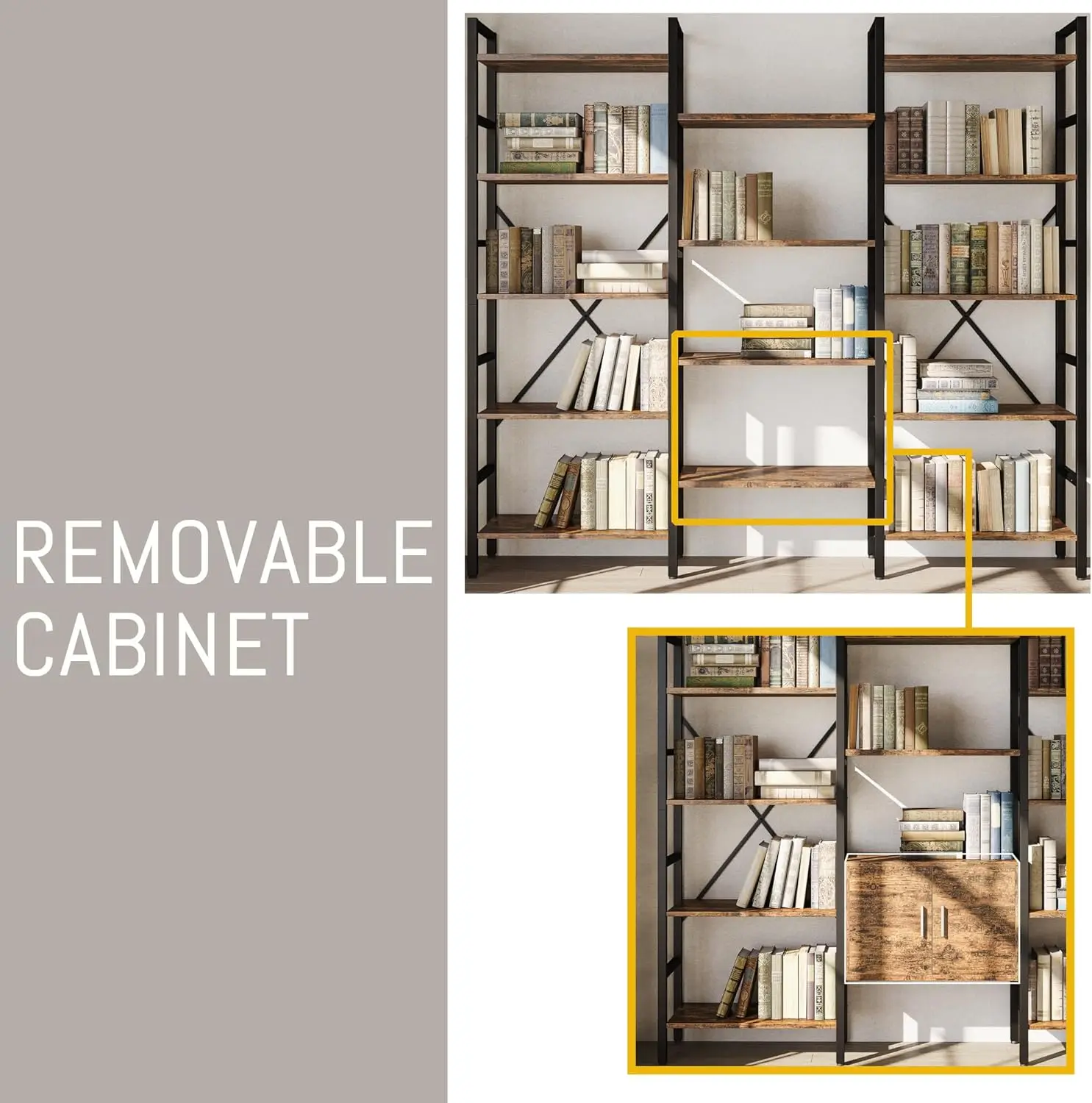 رف كتب ثلاثي من 5 طبقات مقاس 70 × 70 بوصة خزانة كتب صناعية كبيرة مع خزانة تخزين رف كتب طويل مع 14 أرفف عرض مفتوحة معدنية