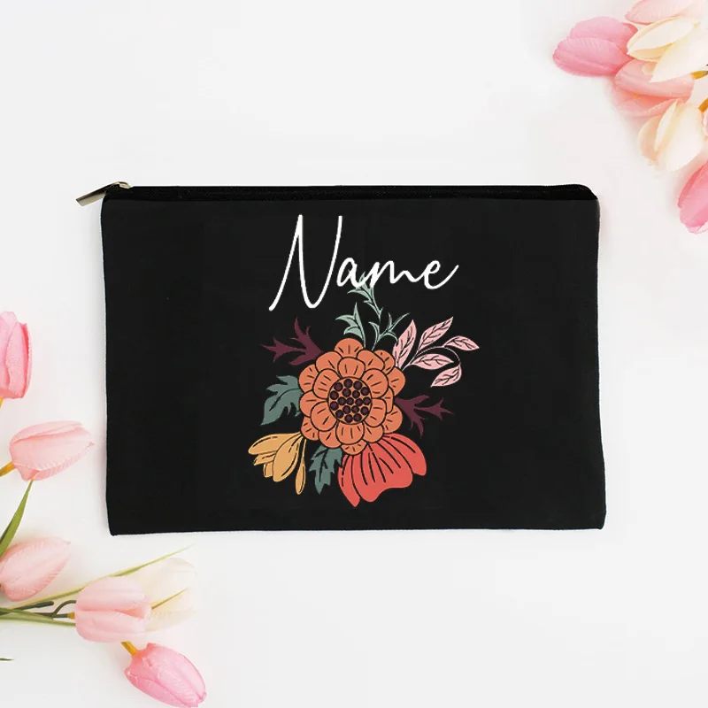 Women's Custom Name Makeup Bag Inflorescence Stamp  Children's Travel Pouch Lipstick Makeup Brush Pocket Large Capacity Wash Bag