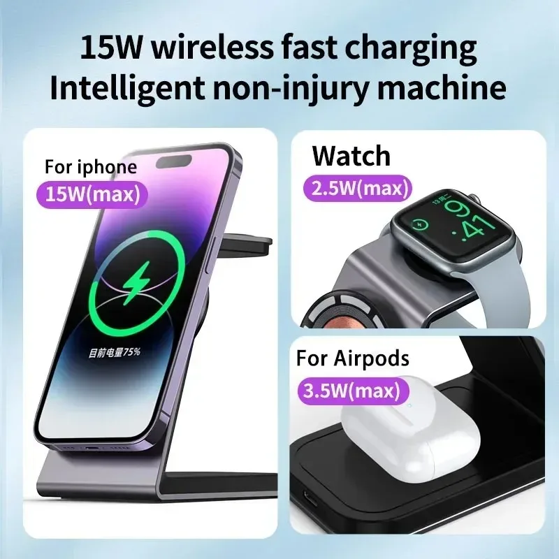 T3 Wireless Charger Stand 3 In 1 Magnetic Fast Charging Dock Station for iPhone 14 13 12 Pro Max Apple Watch 8 7 6 Airpods Pro