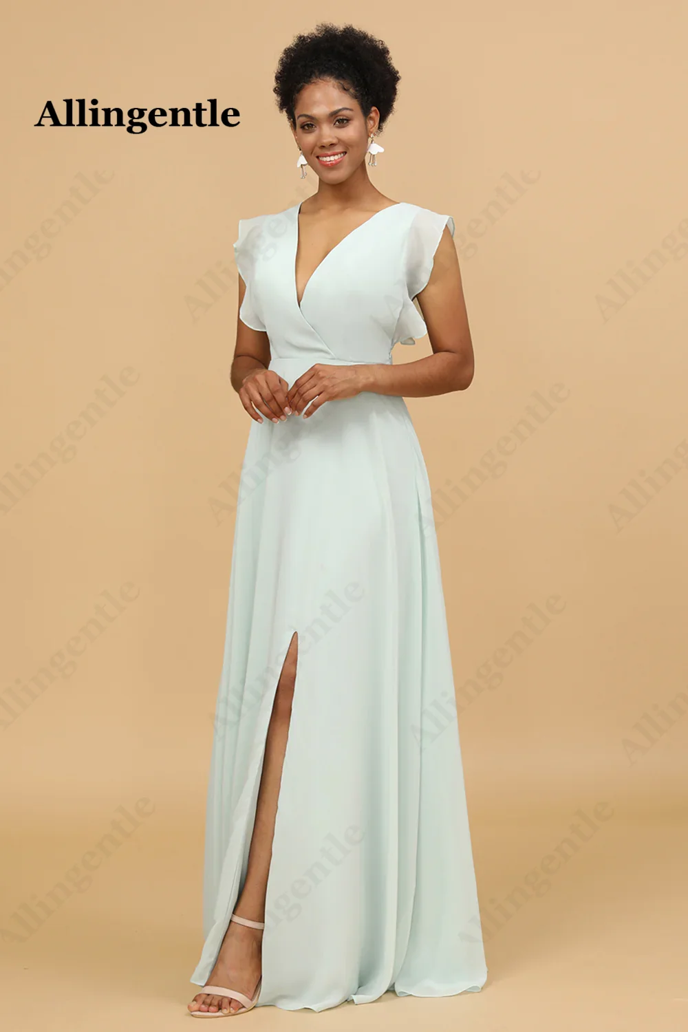 Allingentle Light Pink Elegant Evening Formal Dress DeepV-Neck Chiffon A-Line With Slit Maxi Floor Length Custom Bridesmaid Gown