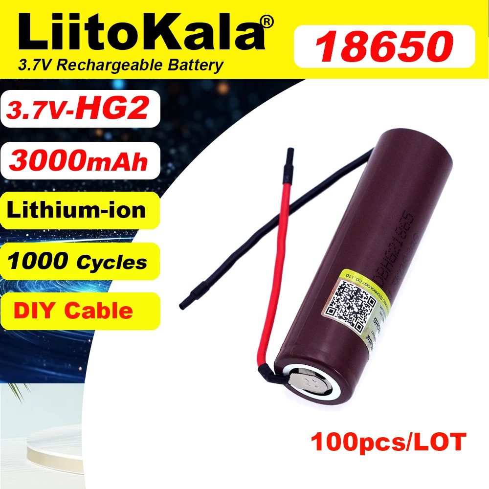 100 шт. Liitokala HG2 18650 3000 мАч аккумуляторная батарея 18650HG2 3,6 В разряд 20 А, специальные батареи + кабель Nicke DIY