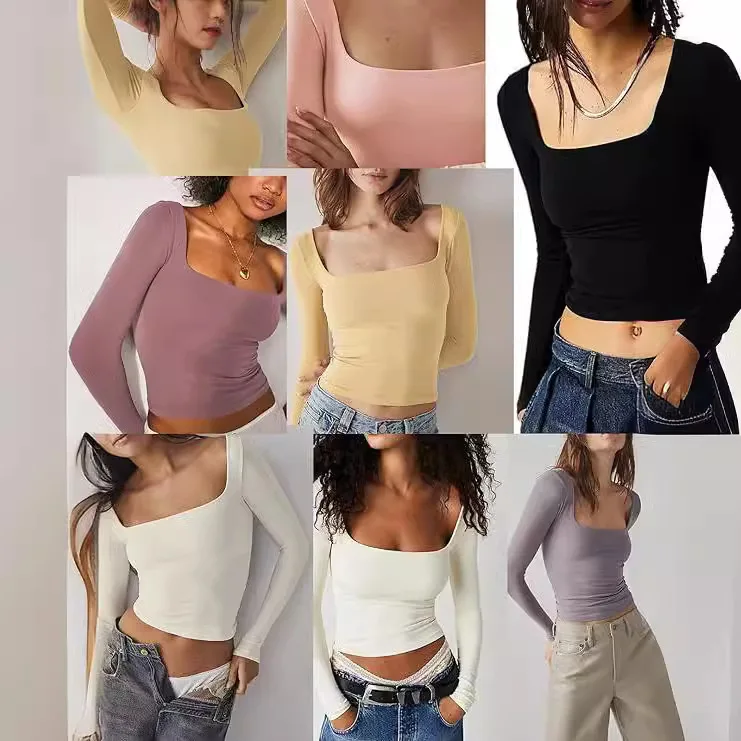 New Women's Long Sve Nel Milk Silk Top Belly Bared Square Collar Summer ort Length Pure Color T-irt