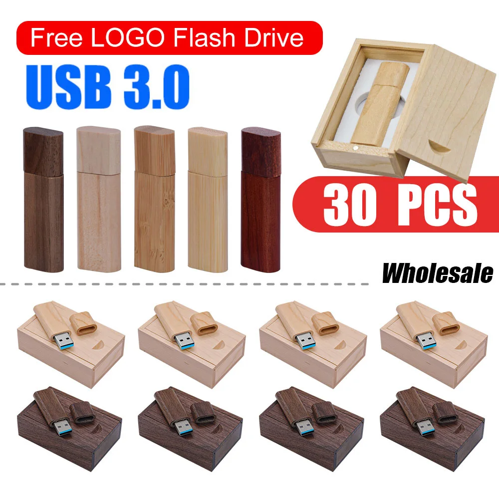 30pcs/lot Customized Wooden USB 3.0 Flash Drive 64GB 128GB Pendrive 8GB 16GB 32GB U Disk Memory Stick photography Wedding Gifts