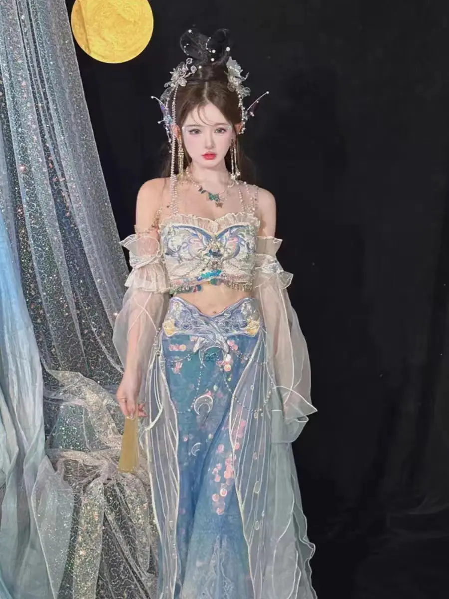 Yunjian Shanze[Bright moon on the sea]Blue dress style dress, strapless lower skirt, split style dress