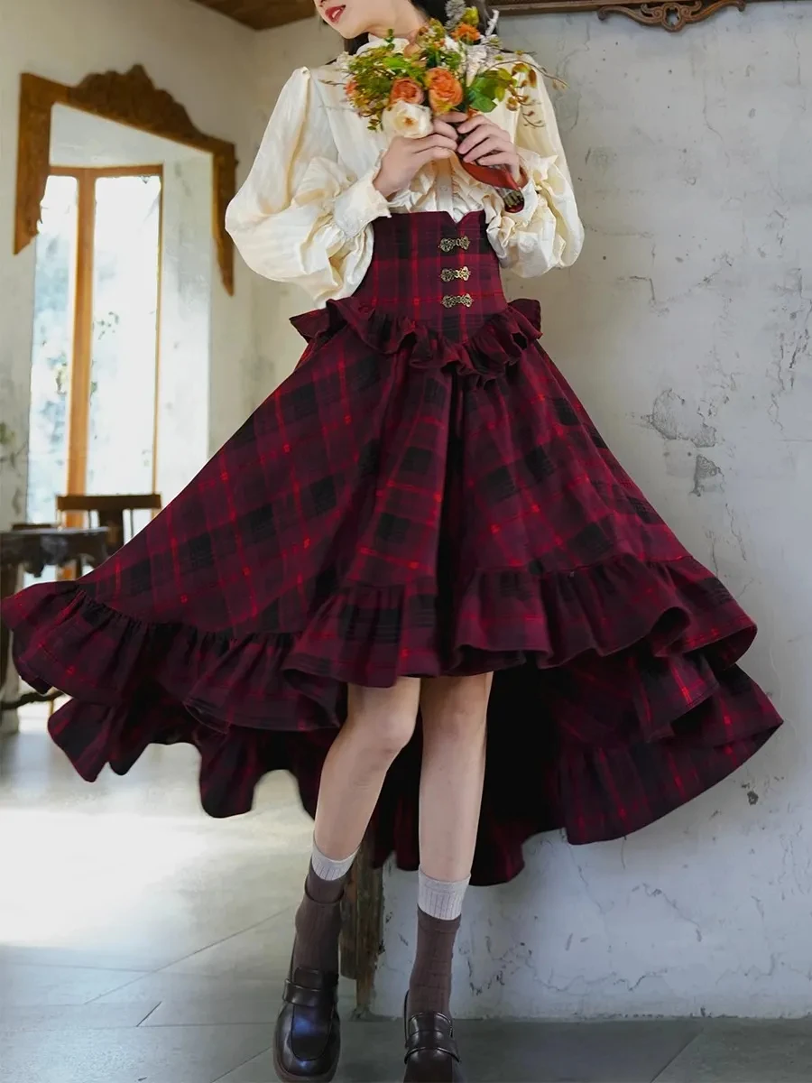 

Элегантные милые юбки во французском стиле, осень-зима, женские викторианские винтажные оборки, тонкая клетчатая юбка, женская ретро юбка-фрак Y2k