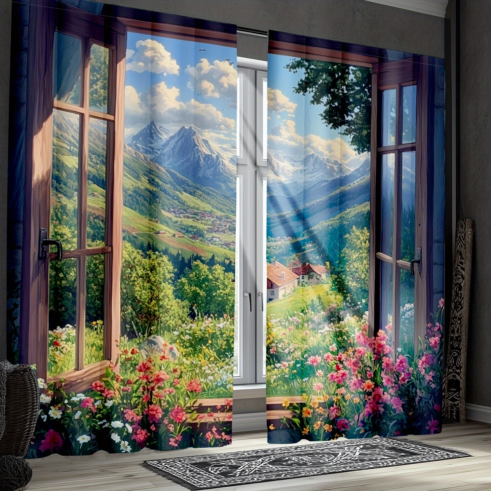 2pcs Nature-Inspired Mountain Blackout Curtains, Spring Sky and Flower Insulated Drapes for Bedroom Living Room