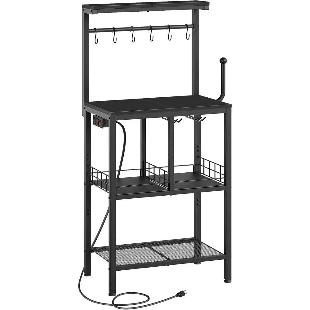 

Bakers Rack with Power Outlet, Microwave Stand with Paper Holder, Coee Bar Table with Wine Glass Holder, 4-Tier Kitchen Storage