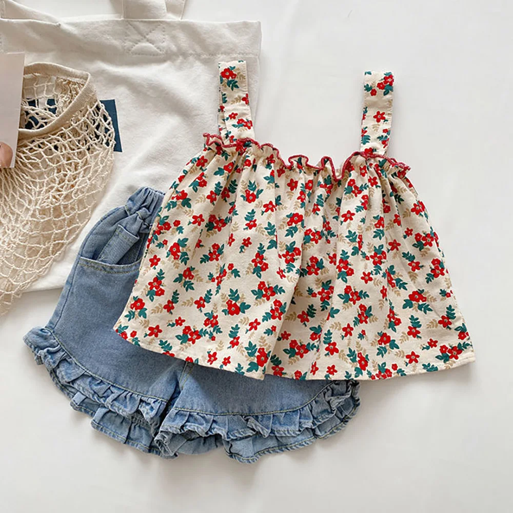 

Summer Kids Girls Clothes Sets Cute Floral Vest Baby Girl Sleeveless Tops+Ruffles Shorts 2Pcs Beach Holiday Children Clothing