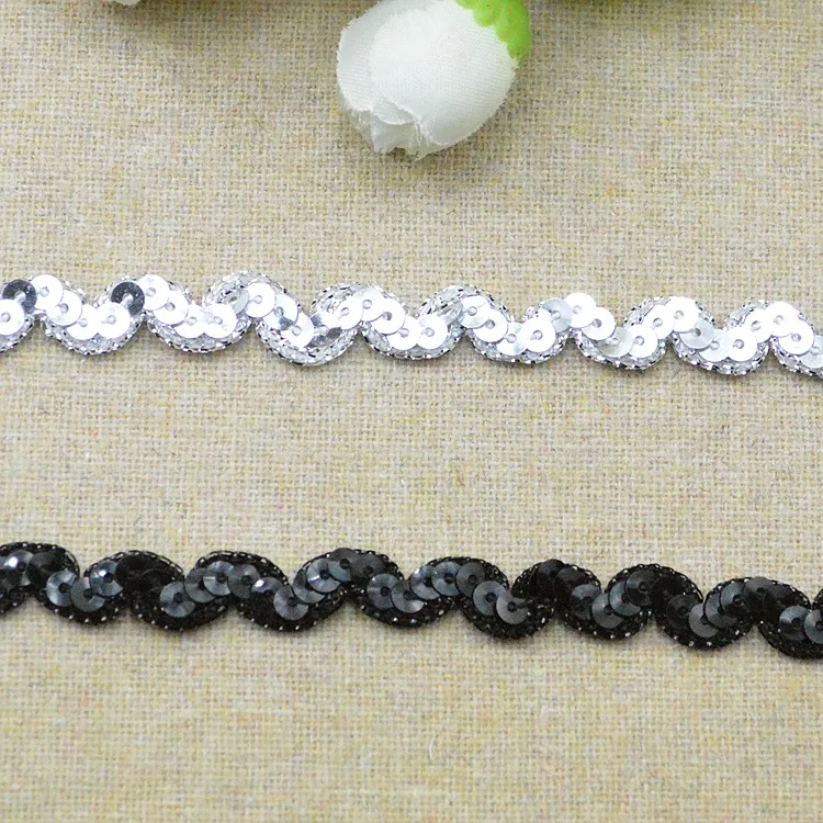 5 metri 8mm di larghezza nero argento nastri di pizzo paillettes S strisce Appliqued Trim intrecciati costumi Cosplay cucito abbigliamento finiture