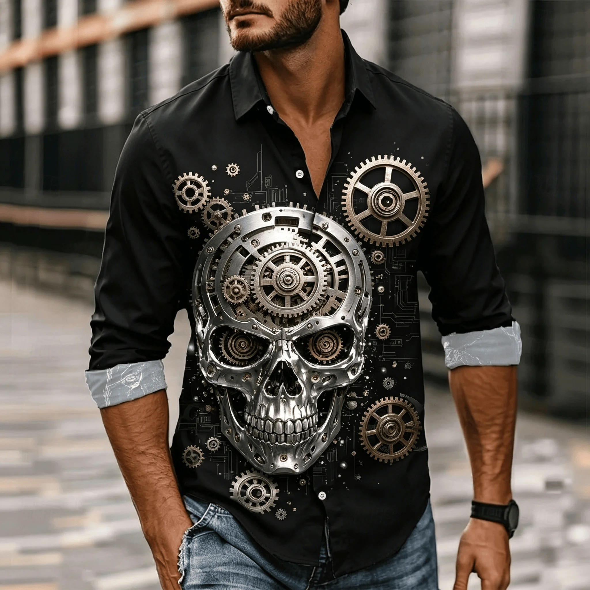 

Men's Mechanical Skull Print Long Sleeve Shirt, 3D Metal Gear Design, Gothic Biker Style Button Down for Spring & Summer