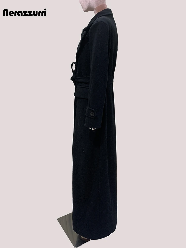 

Mauroica Autumn Winter Extra Long Black Warm Soft Wool & blends Coat for Women Sashes Loose Casual Floor Length Woolen Overcoat