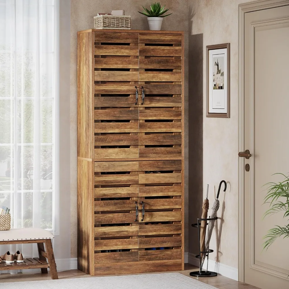خزانة أحذية طويلة 70.8 بوصة، منظم تخزين الأحذية باللون البني الريفي مكون من 9 طبقات مع أبواب مصراع لـ 27 زوجًا، أرفف قابلة للتعديل لـ Ent