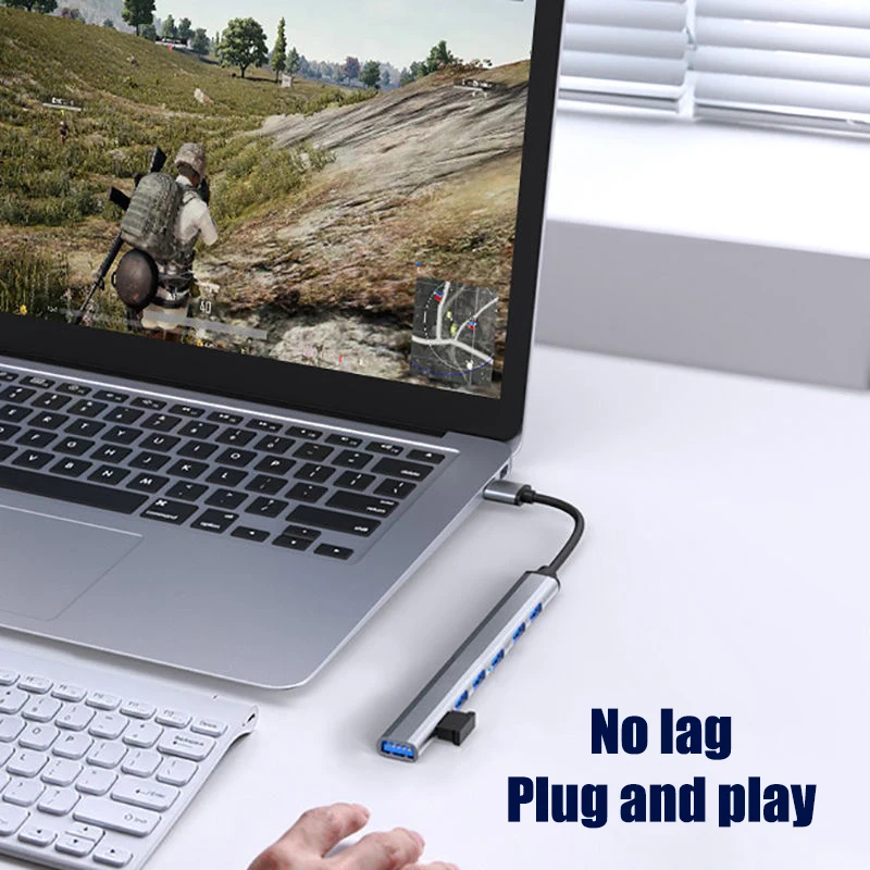 PC 노트북용 USB C 타입 고속 멀티 분배기, 7 포트, 5Gbps 고속 데이터 변속기, 멀티 포트, USB A 허브 포트