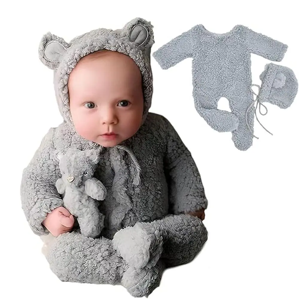 

Creative Newborn Photography Props Soft Knit Bear Design Newborn Photoshoot Outfit Bear Ear Hat Plush Newborn Prop Set