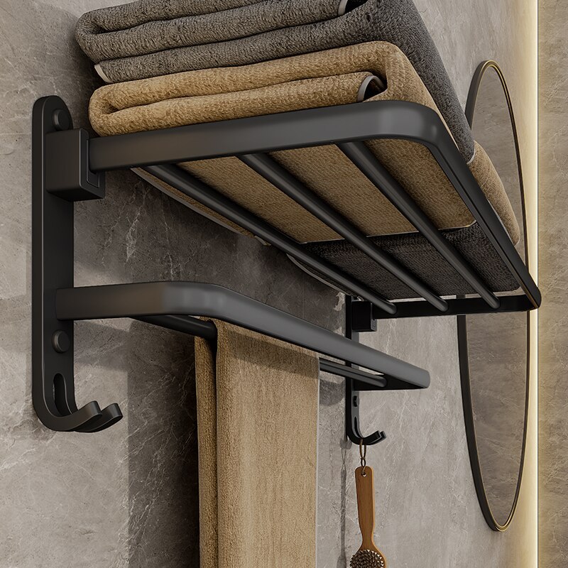  Matte Black 50CM Folding Holder With Hook Towel Holder Wall Mount AluminumTowel Rack 