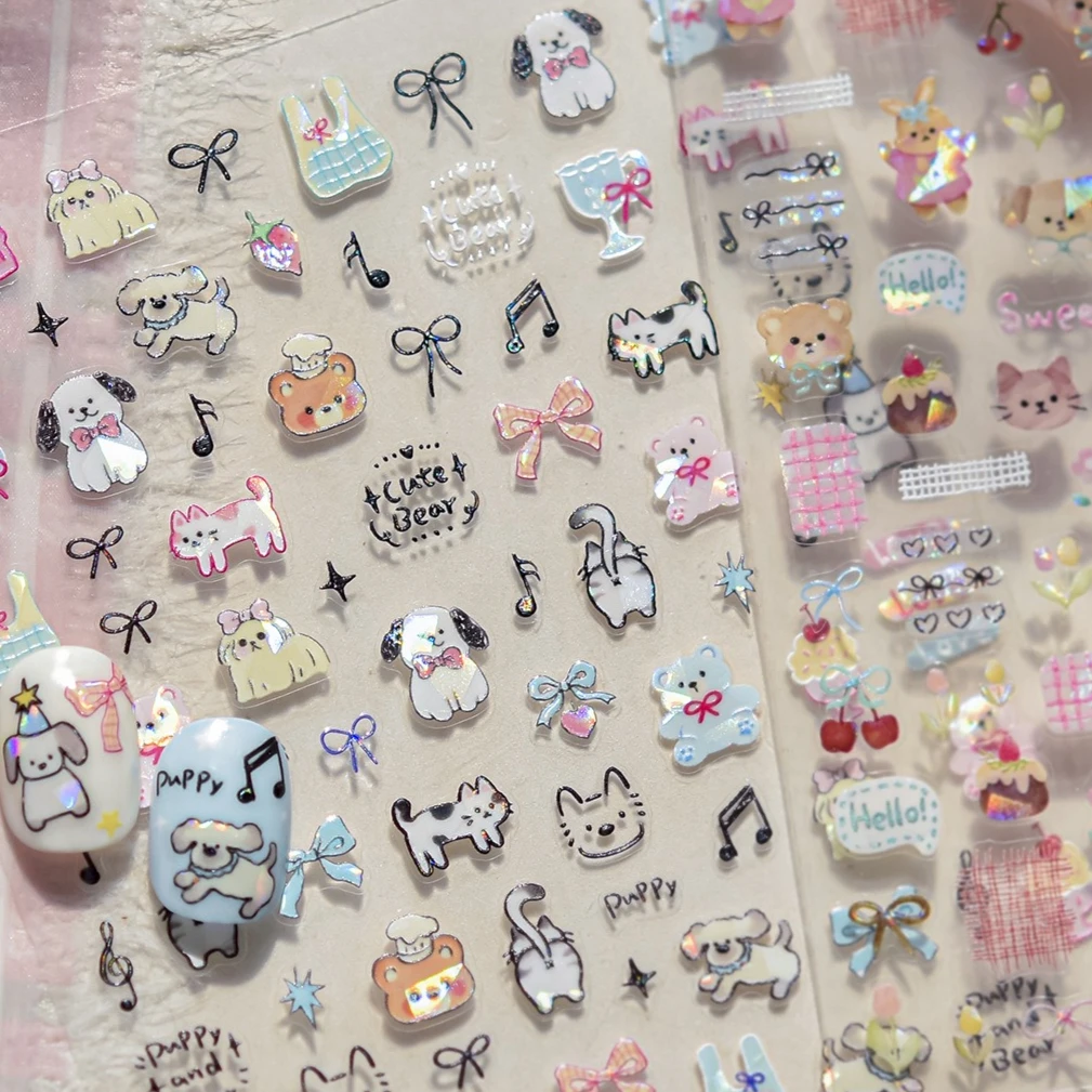 Graffiti ours chat chaton chien chiot nœud papillon gâteau tulipe Note étoile cerise tasse adhésif Nail Art décoration autocollant manucure décalcomanies