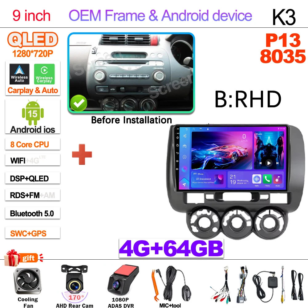 Android 15 Car Radio For Honda Fit Jazz City 2002 2003 2004 2005 2006 2007 Multimedia Video Player Navigation GPS 5G Carplay RDS image 3