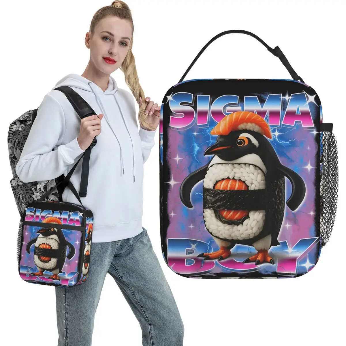 Sigma Boy Italian Brain Meme Lunch Bag Portable Insulated Lunch Box Men Outdoor Picnic Print Cooler Bag Retro Oxford Lunch Bags