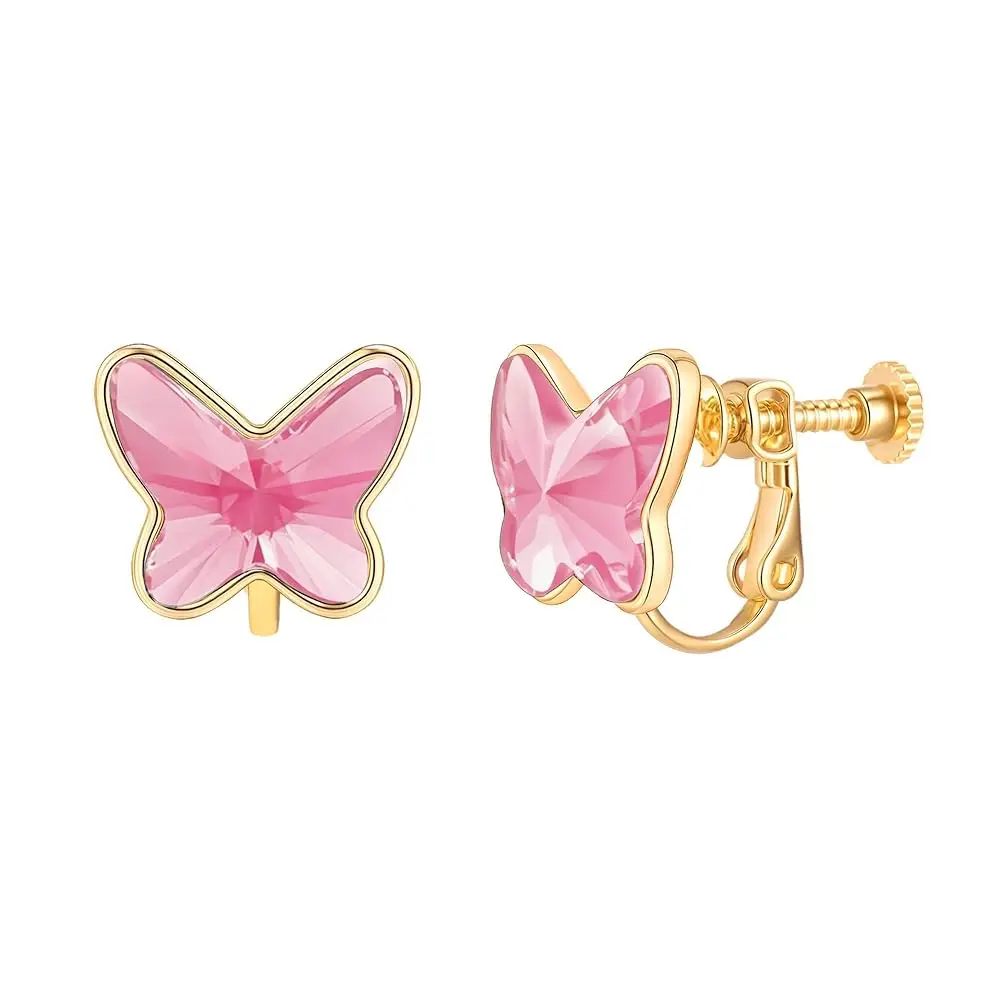 

Austrian Crystal Butterfly Clip On Earrings for Women Adjustable Screw Back Non Pierced Earring 14K Gold Plated Hypoallergen