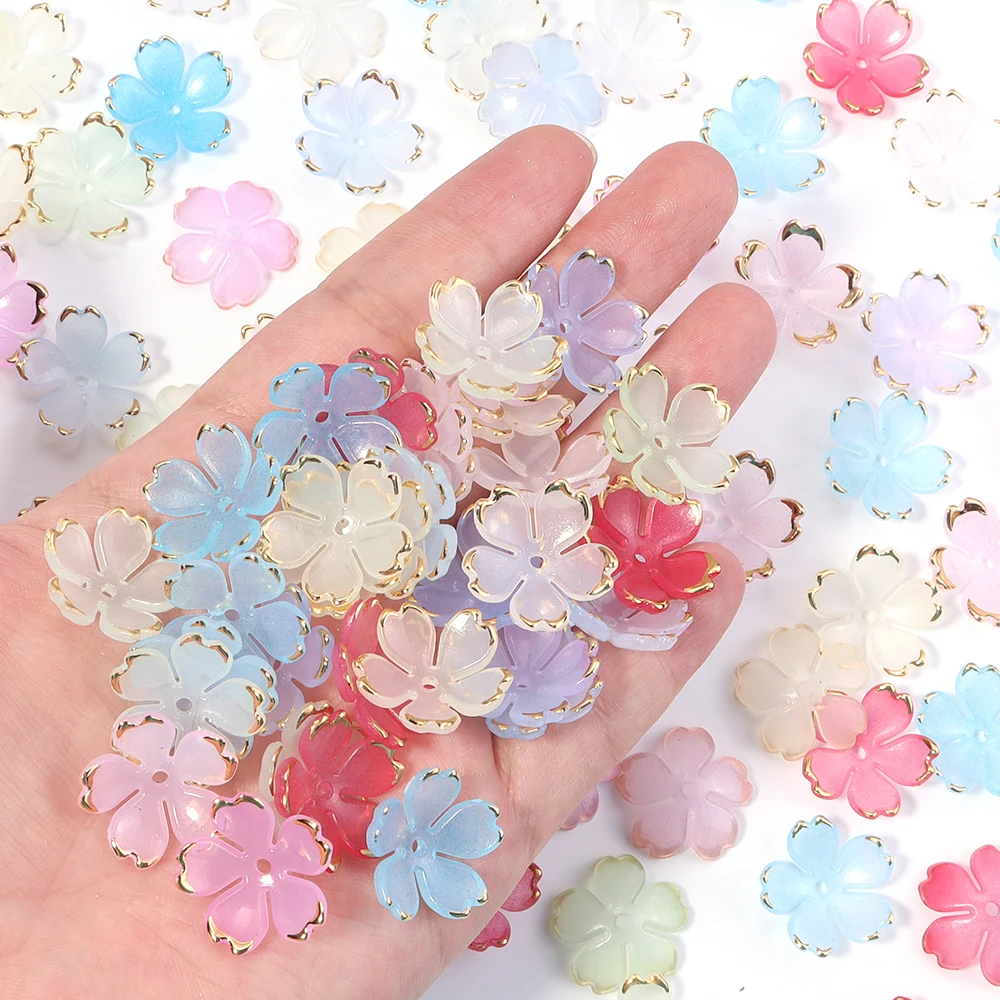50pcs Cherry Blossoms Acrylic Beads Golden Brushed Patter Petals Charm Connector DIY Earrings Hair Jewelry Making Acessories
