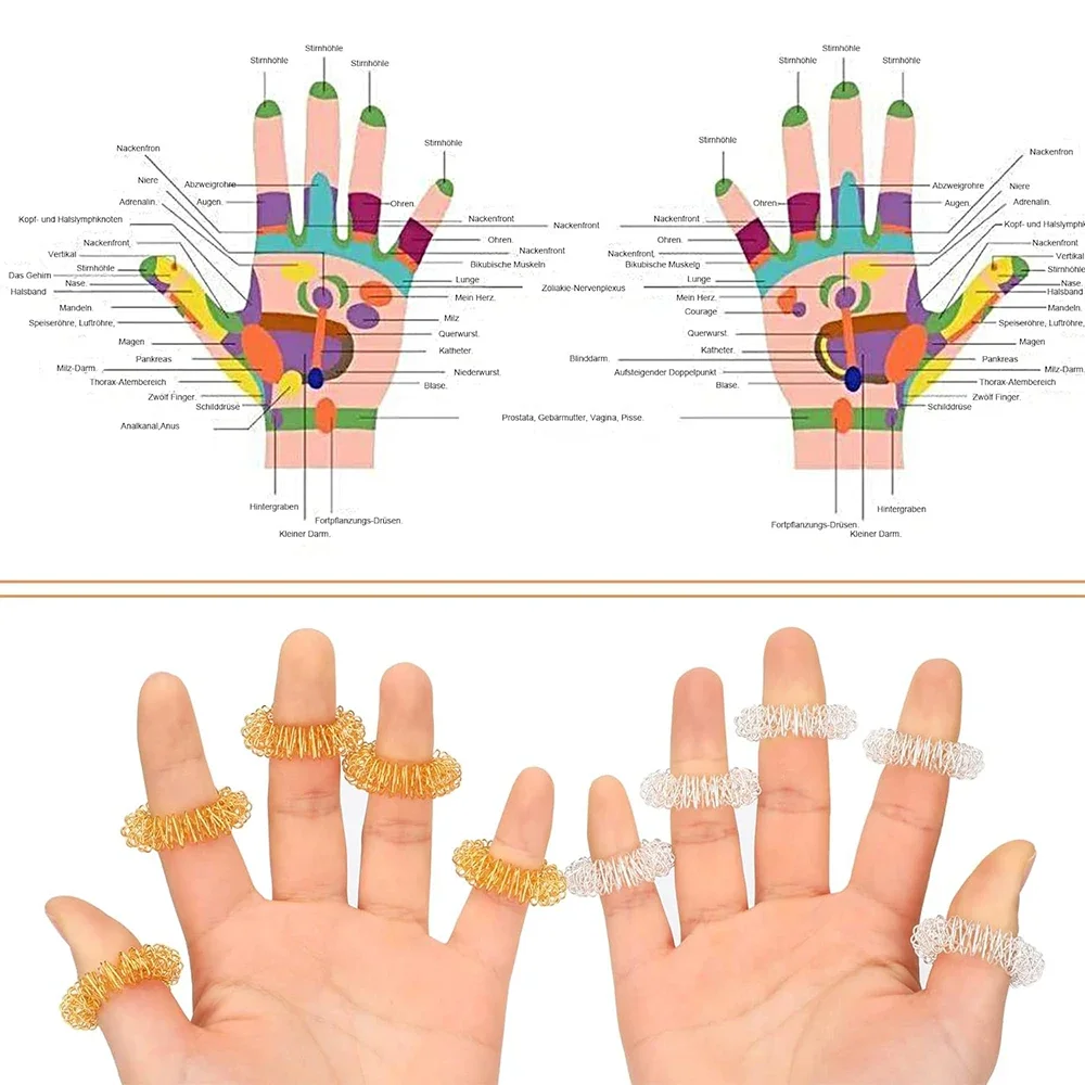 Juego de anillos y pulseras de acupresión para dedo y mano, juego de masajeadores, sortijas sensoriales con púas para masaje de muñeca y alivio del