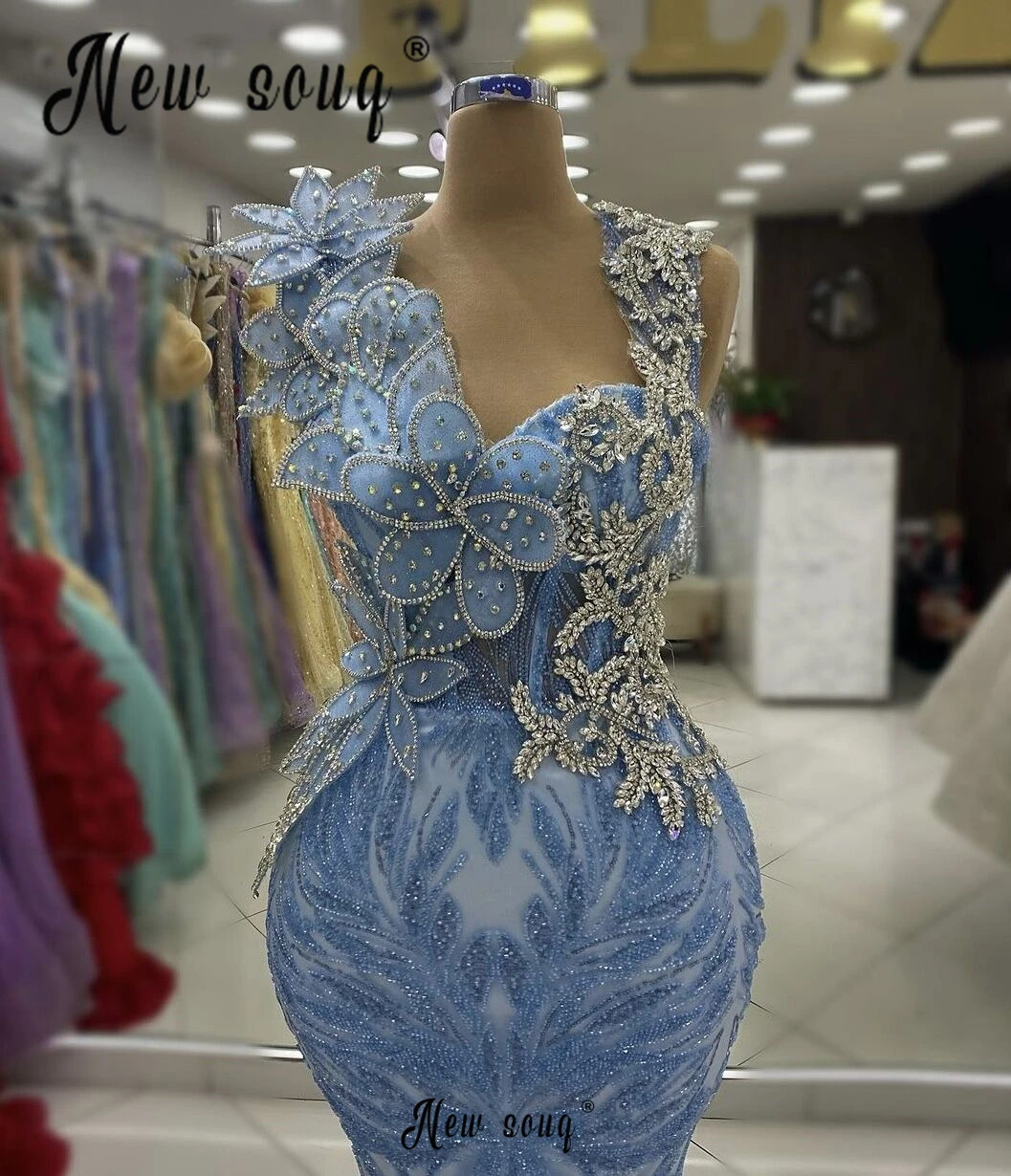 Haute Couture Baby Blue Party Dress 3D Leaf Flowers Beaded Long Evening Dress Arabic Robe de Mariée 2024 Formal Occasion Dresses