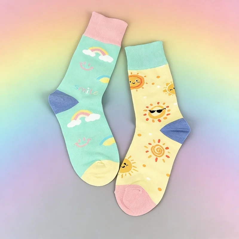 1 pair cute and fresh floral color-blocking versatile socks Asymmetrical AB rainbow sunflower women's socks