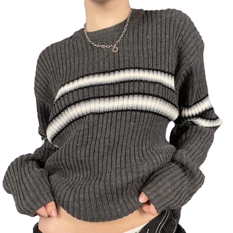 Y2k Grunge Autumn Street Style Oversized Knitted Jumpers 90s Vintage Striped Sweater Ribbed Long Sleeve Grandpa Pullovers